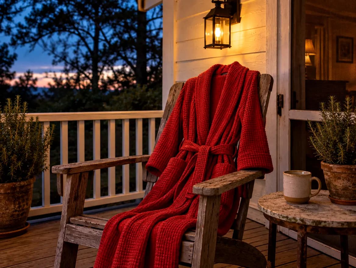 Tomato-red robe over a porch chair at dusk