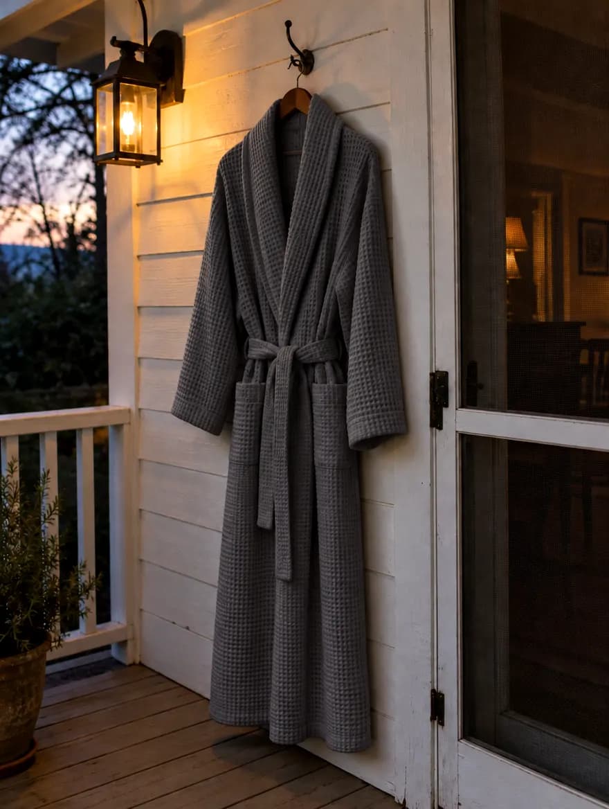 Charcoal waffle robe hanging on a porch hook at dusk