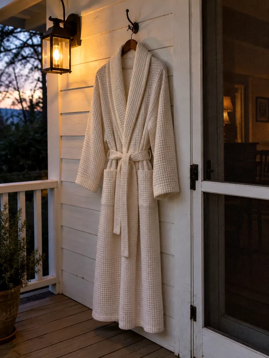 Off-white waffle robe hanging on a porch hook at dusk